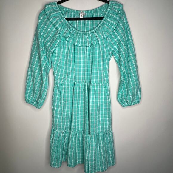 J. Crew Teal Seersucker Plaid Ruffle Mini Dress Size 8 - Picture 2 of 8